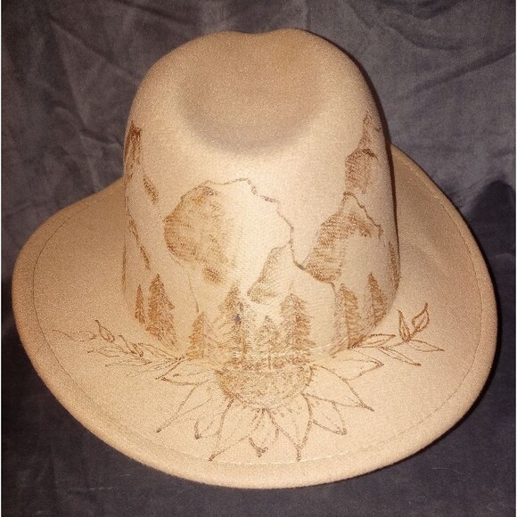 Hand Crafted Accessories - Hand Drawn Hand Burned Mountains and Sunflowers Tan Wide Brim Fedora Hat